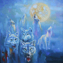 A pack of wolves in the cold winter night howl at the moon. Picturesque picture: oil on canvas....