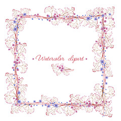 Floral square blue and pink frame witn bpanches. Cliparts for wedding design, artistic creation.