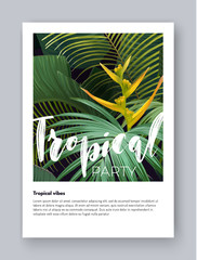 Dark summer vector tropical design for party flyer with green banana and sabal palm leaves and lettering.