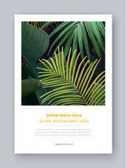 Floral vertical postcard design with bird of paradise flowers, banana and sabal palm leaves. Dark exotic hawaiian vector background.