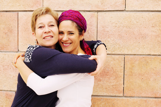 Portrait Attarctive Mature Women Standing Next To The Wall