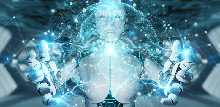 White woman cyborg using planet Earth interface 3D rendering