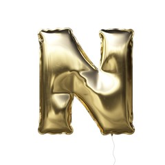 Letter N made of golden inflatable balloon isolated on white background