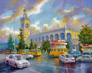 An oil painting on canvas. Sochi railway station, after the rain. Architectural landscape of the beloved city of Sochi. Author: Nikolay Sivenkov.