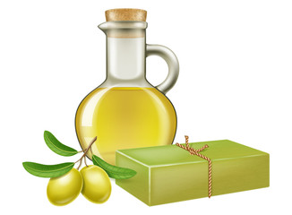 Natural handmade olive soap with olive branch and a glass jar of oil. Vector illustration.