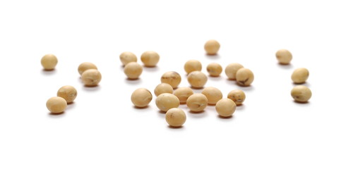 Organic raw soybean flakes, isolated on white background