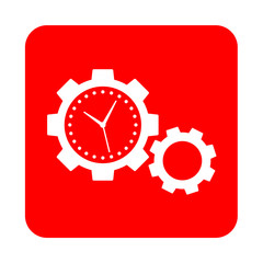 Icono plano dos engranajes con manecillas reloj en cuadrado rojo