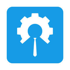 Icono plano engranaje con corbata en cuadrado azul