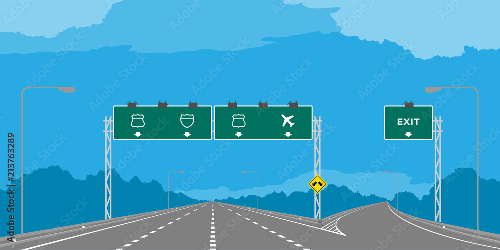 Wall mural y junction highway or motorway and green signage in daytime illustration isolated on blue sky backgr