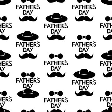 Seamless pattern with black phrases Father's day and mustache, hat, bow tie on the white background