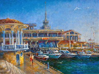 Embankment of the seaport of the resort city of Sochi. Picturesque picture: oil on canvas. Author:...