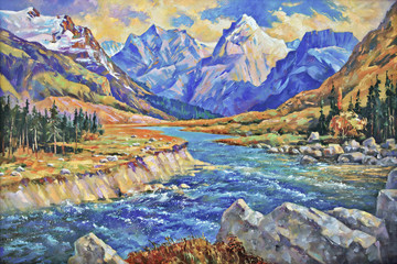 An oil painting on canvas.  Stormy river during the spring high water in the gorge of the Caucasus...