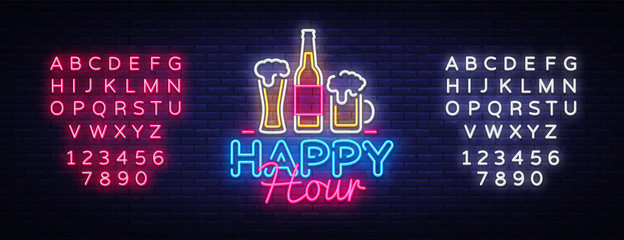 Happy Hour neon sign vector. Happy Hour Design template neon sign, Night Dinner, celebration light banner, neon signboard, nightly advertising, light inscription. Vector. Editing text neon sign - obrazy, fototapety, plakaty