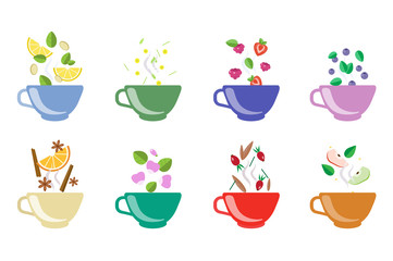 Cups of herbal tea set, fruit and berry tea vector Illustrations on a white background