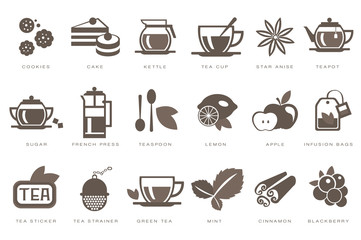 Tea time linear icons set, cookie, cake, kettle, cup, sugar, french press, teaspoon, lemon, apple, infusion bag, strainer black vector Illustrations
