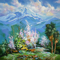 Flowering quince on a background of snowy peaks. Artistic work in bright and juicy tones. Picturesque painting: oil on canvas. Author: Nikolay Sivenkov.