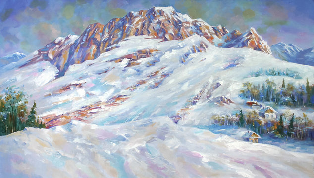 An oil painting on canvas. Snow drifts at the foot of mount Fisht . Mountain landscape in bright and juicy colors. Author: Nikolay Sivenkov.