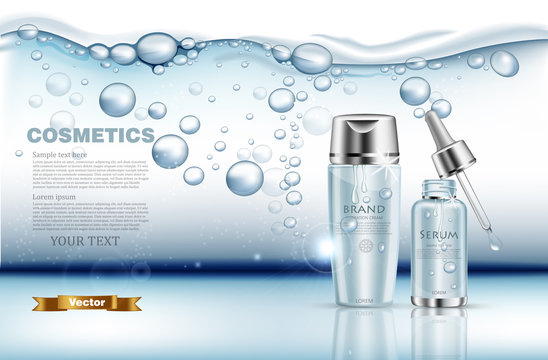 Realistic Water Serum And Lotion Set Vector. Product Packaging Mock Up. Blue Silver Bottles. Underwater Splash Backgrounds