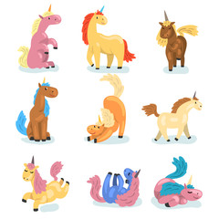 Flat vector set of adorable unicorns in different actions. Mythical animal with single horn. Elements for postcard, children book or game