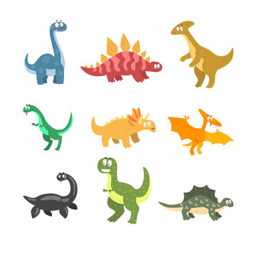 Flat vector set of cartoon dinosaurs. Funny animals of Jurassic period. Elements for postcard, children book, sticker or mobile game
