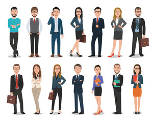 Group of business men and business women characters working in office. Isolated on white background