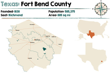 Naklejka premium Detailed map of Fort Bend county in Texas, USA.