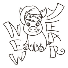 Happy New 2019 Year card with cartoon baby pig. Small symbol of holiday.