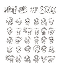 Collection of cutest pig character icon set with different emotions. Vector illustration for new 2019 year.