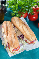 Submarine sandwiches with ham, cheese and vegetables