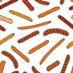 Seamless Endless Background Pattern of Different Sausages. Food Collection. Realistic Hand Drawn High Quality Vector Illustration. Doodle Style.
