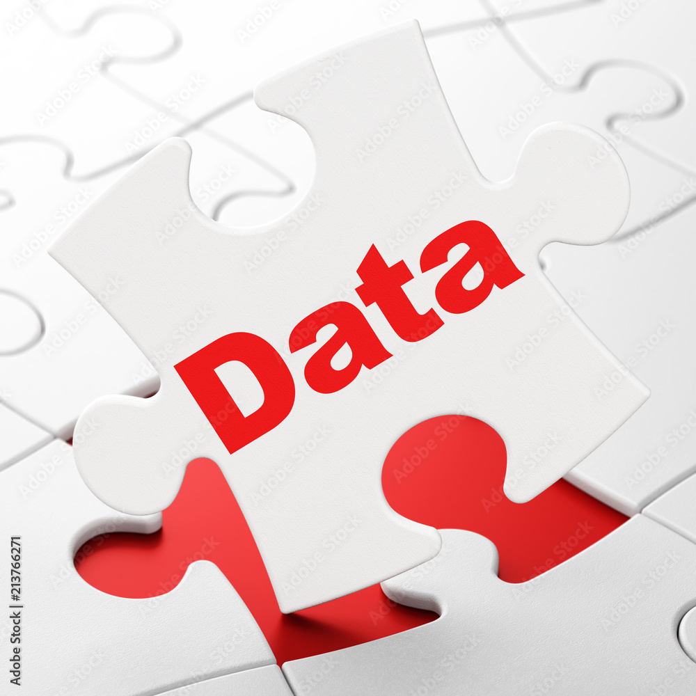 Poster data concept: data on white puzzle pieces background, 3d rendering