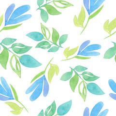 Seamless pattern with painted decorative flowers and leaves isolated on white background. Watercolor illustration