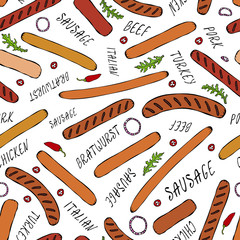 Seamless Endless Background Pattern of Different Sausages, Onion Rings, Rocket Leaves Herb, Pepper and Lettering. Food Collection. Realistic Hand Drawn High Quality Vector Illustration. Doodle Style.