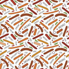 Seamless Endless Background Pattern of Different Sausages, Onion Rings, Rocket Leaves Herb, Pepper and Lettering. Food Collection. Realistic Hand Drawn High Quality Vector Illustration. Doodle Style.