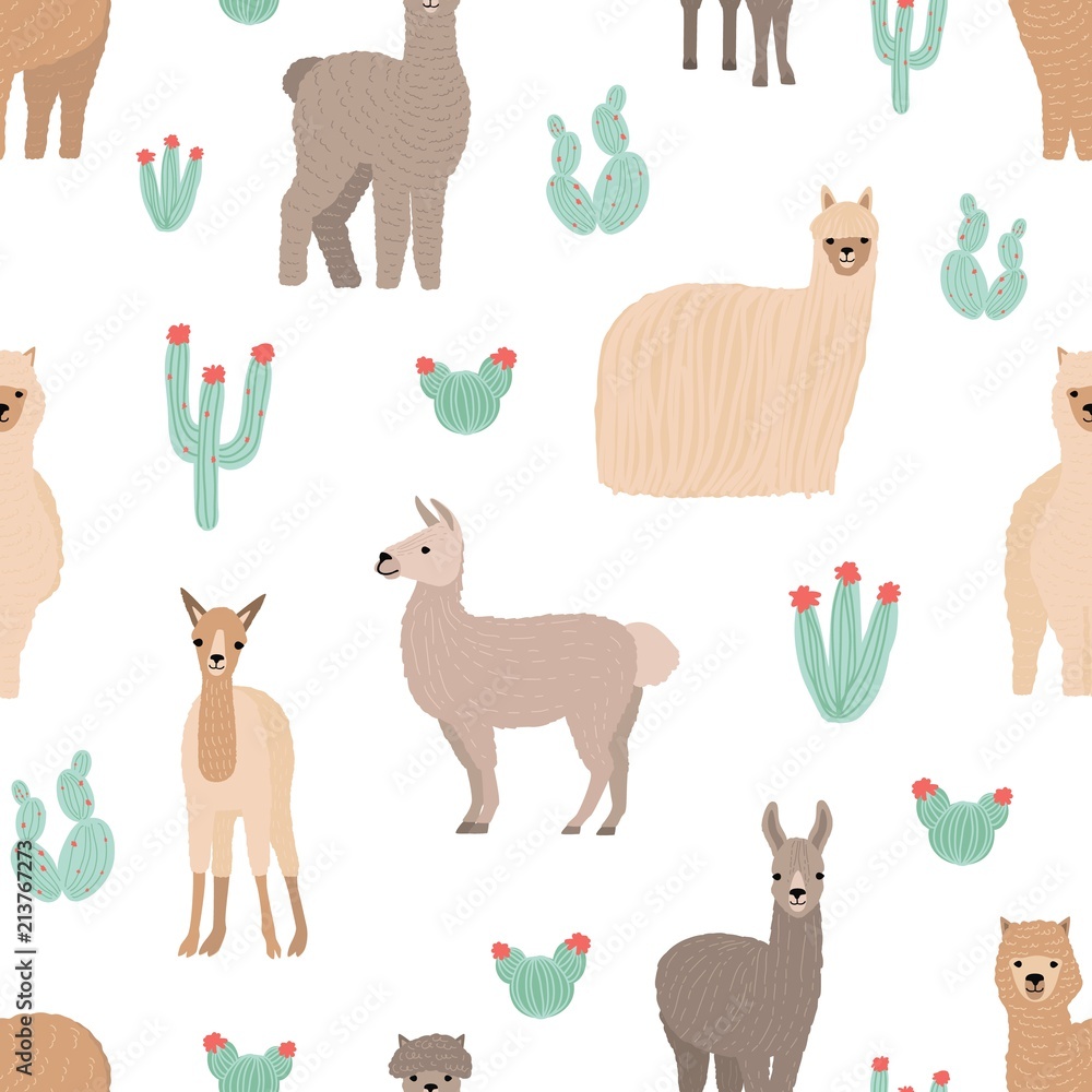 Poster seamless pattern with adorable llamas hand drawn on white background. backdrop with funny wild andea