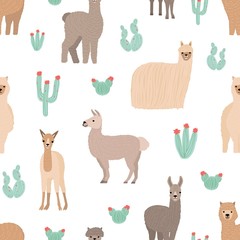 Seamless pattern with adorable llamas hand drawn on white background. Backdrop with funny wild Andean animals and cactuses. Childish flat cartoon vector illustration for wrapping paper, textile print.