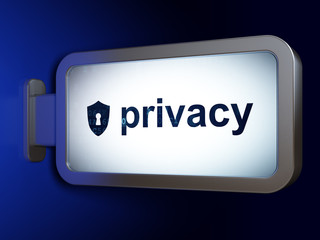 Security concept: Privacy and Shield With Keyhole on advertising billboard background, 3D rendering