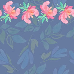 Seamless pattern with decorative pink flowers and leaves on a blue background. Watercolor illustration
