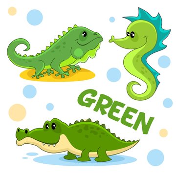 A set of green, cartoon pictures with reptiles and marine animals for children and design, crocodile, aligator, iguana and seahorse.