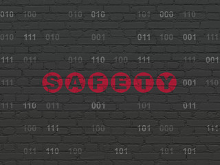 Privacy concept: Painted red text Safety on Black Brick wall background with Binary Code