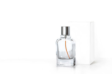 Perfume bottle and white packaging box mock up