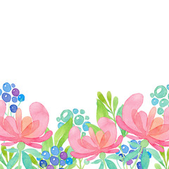 Composition for greeting card with painted decorative pink flowers, beads and leaves isolated on white background. Watercolor illustration