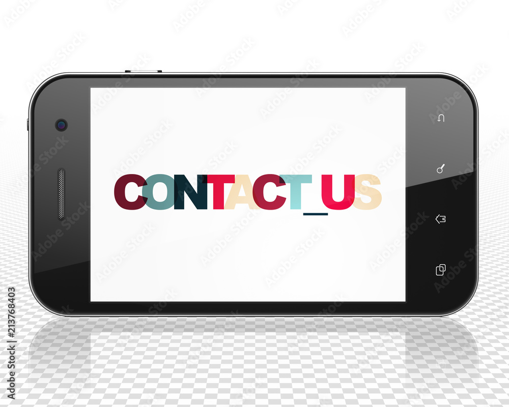 Poster business concept: smartphone with painted multicolor text contact us on display, 3d rendering
