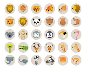 Wild Animals Head Vector Set, Zoo, Safari, Icons and Symbols