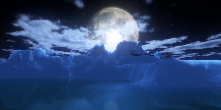 Ice Berg In Night Full Moon