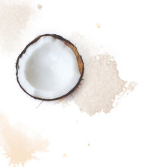 Coconut half on white background with watercolor splashes; Copy space for your text; Fruit background