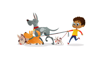 African-American boy holds a dog-lead and looks after pets. Kid walks dogs on leash along city street against buildings on background. Cartoon character strolls with her domestic animals in downtown