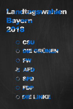 Die dominantesten bayerischen Parteien bei der Landtagswahl am 14. Oktober 2018 in Bayern mit Kreuzchen bei der AFD geschrieben mit Kreide auf Tafel