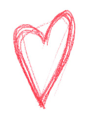 Thin elongated bright red heart hand drawn in bright colored pencils on clean white background