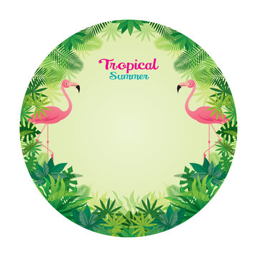 Pink Flamingo with Tropical Jungle Round Frame